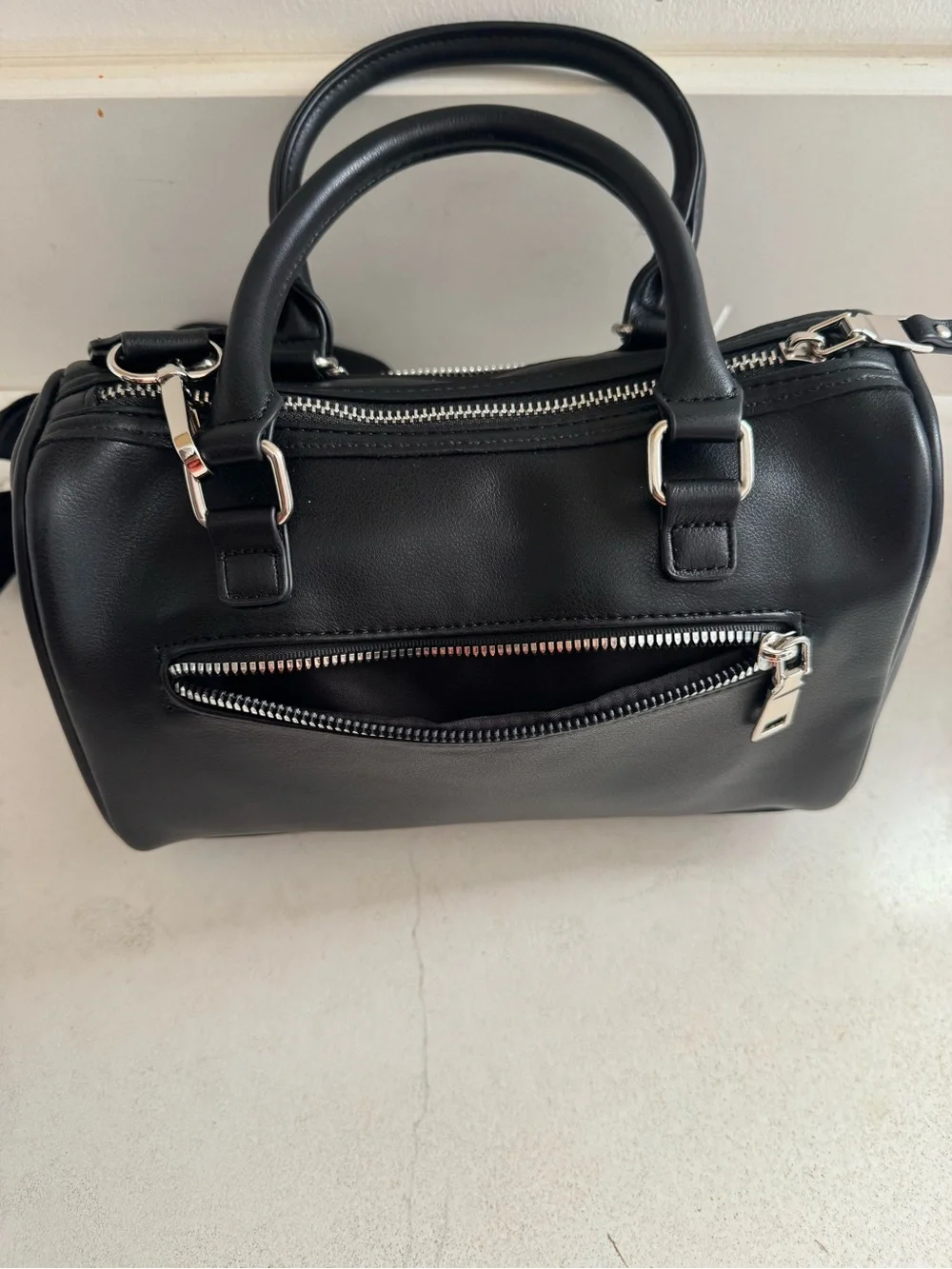 NWT- core barrel Madden NYC Black Satchel with Wide Logo Strap.